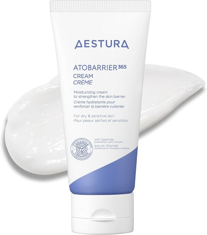 AESTURA ATOBARRIER365 Cream in a white and blue tube against a white background.
