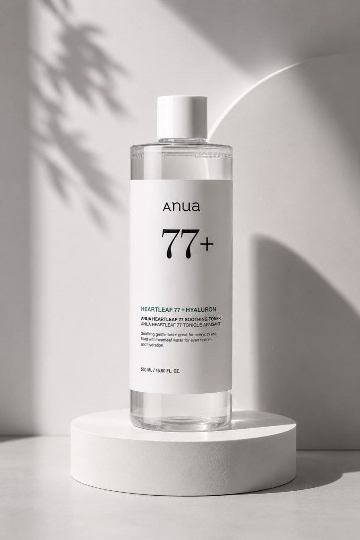 Anua Heartleaf 77 Soothing Toner in a clear bottle on a white display pedestal.
