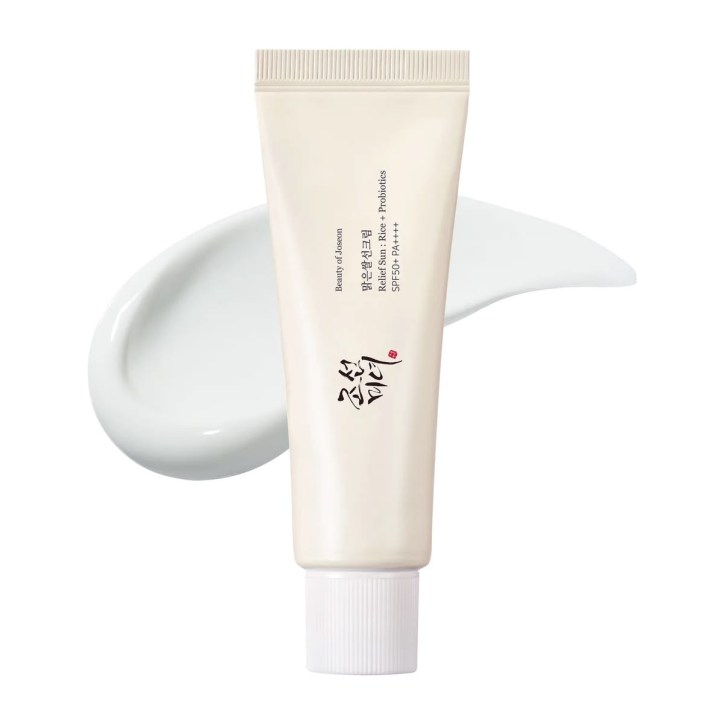 Beauty of Joseon Relief Sun Rice + Probiotics SPF50+ PA++++ sunscreen in an ivory tube.