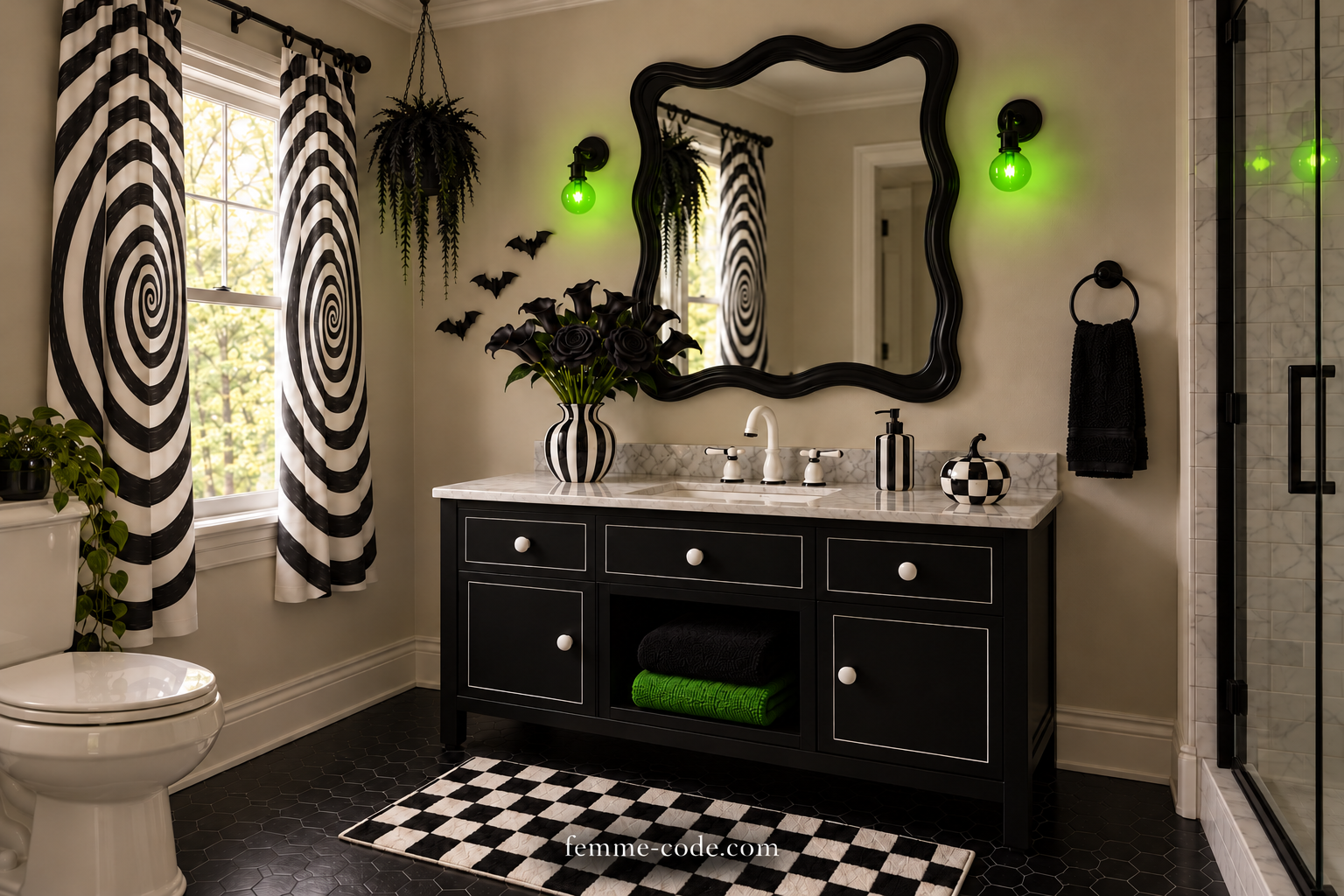 Black vanity, spiral curtain and black roses in a Beetlejuice inspired bathroom