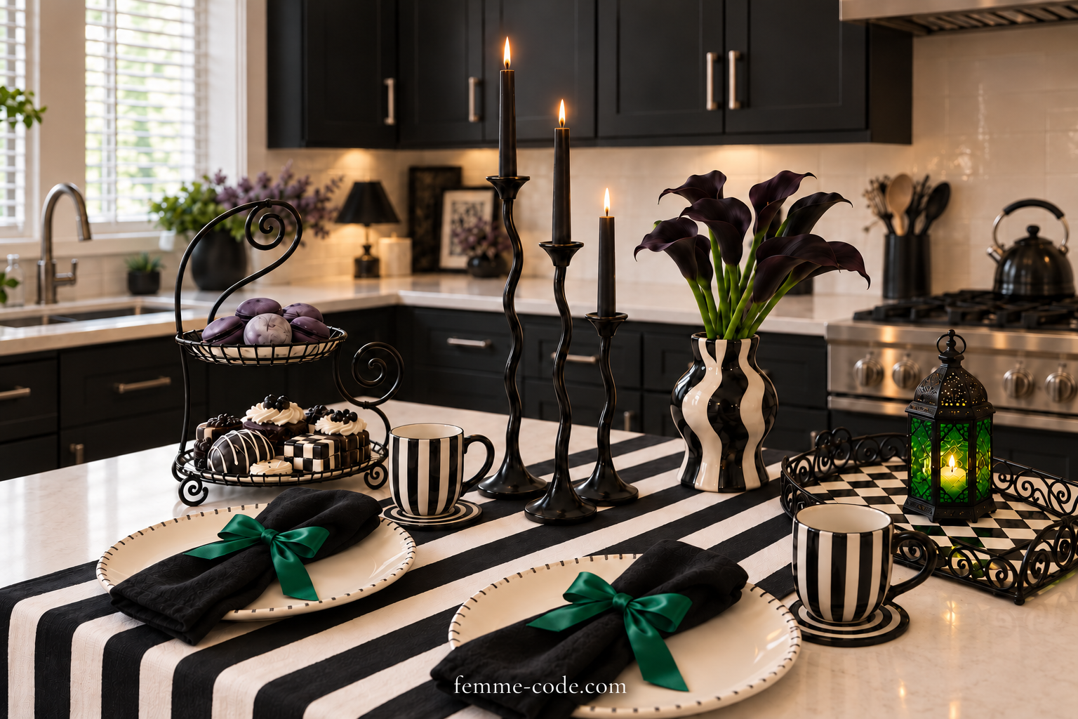 Beetlejuice inspired dining table with black napkins and dark emerald bows