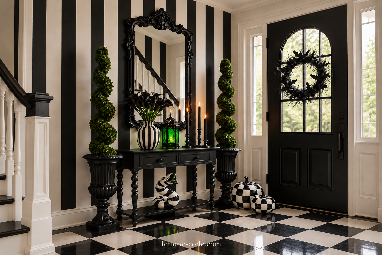 Black and white striped entryway with mirror, checkerboard floor and green lantern