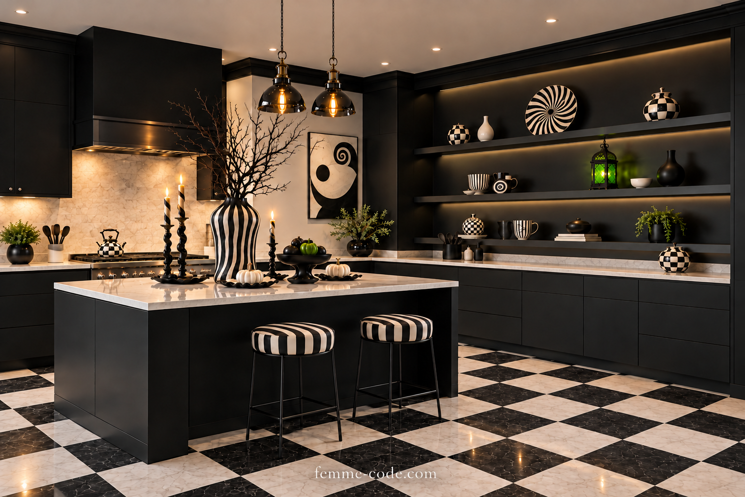Modern black Beetlejuice inspired kitchen with checkerboard floor and striped accessories