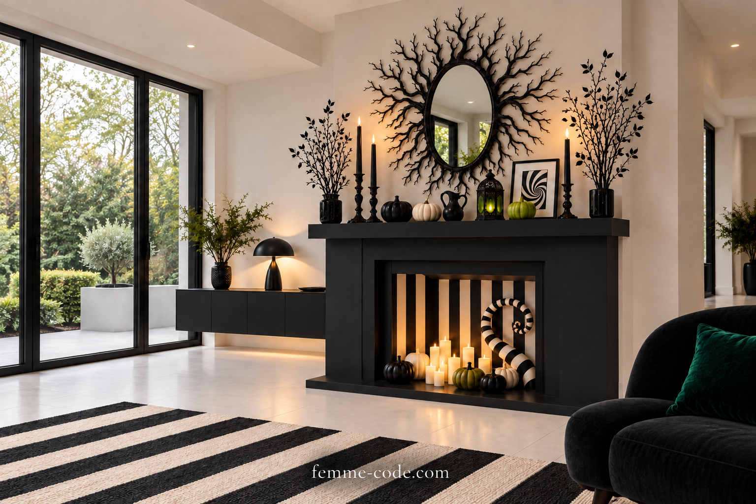 Minimalist living room with matte black fireplace and branching mirror