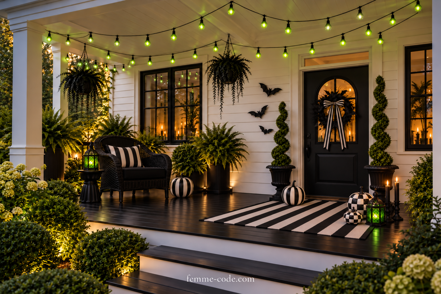 Wide Beetlejuice inspired porch with striped rug, green string lights and decorative pumpkins
