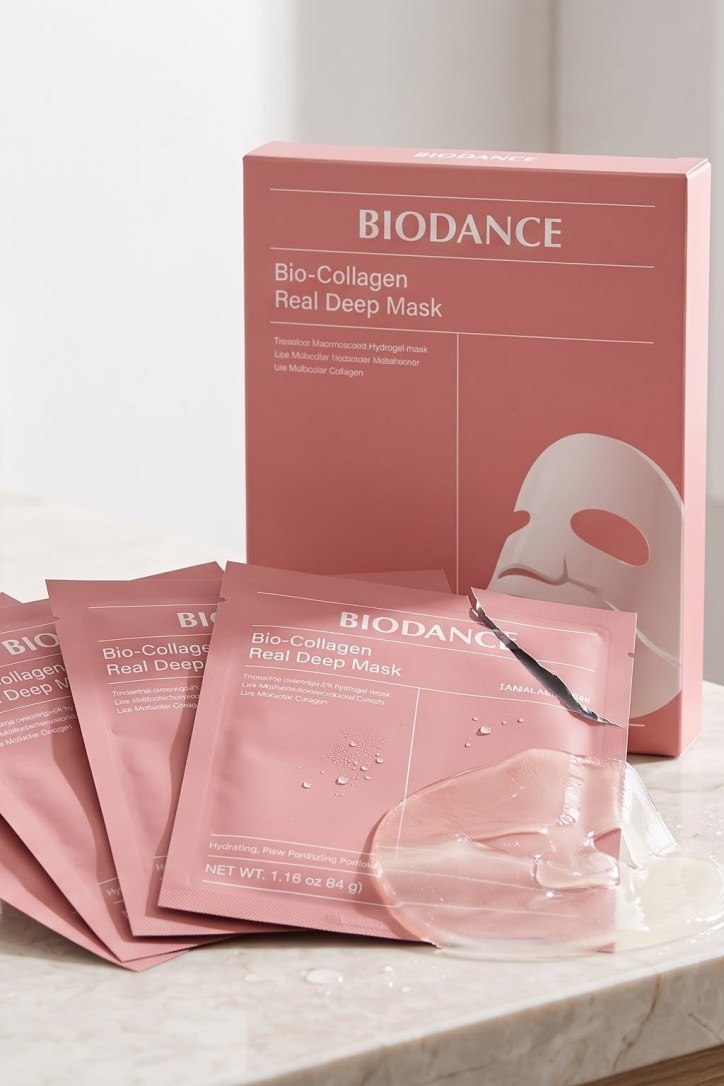 BIODANCE Bio-Collagen Real Deep Mask in pink packaging with a translucent hydrogel mask.