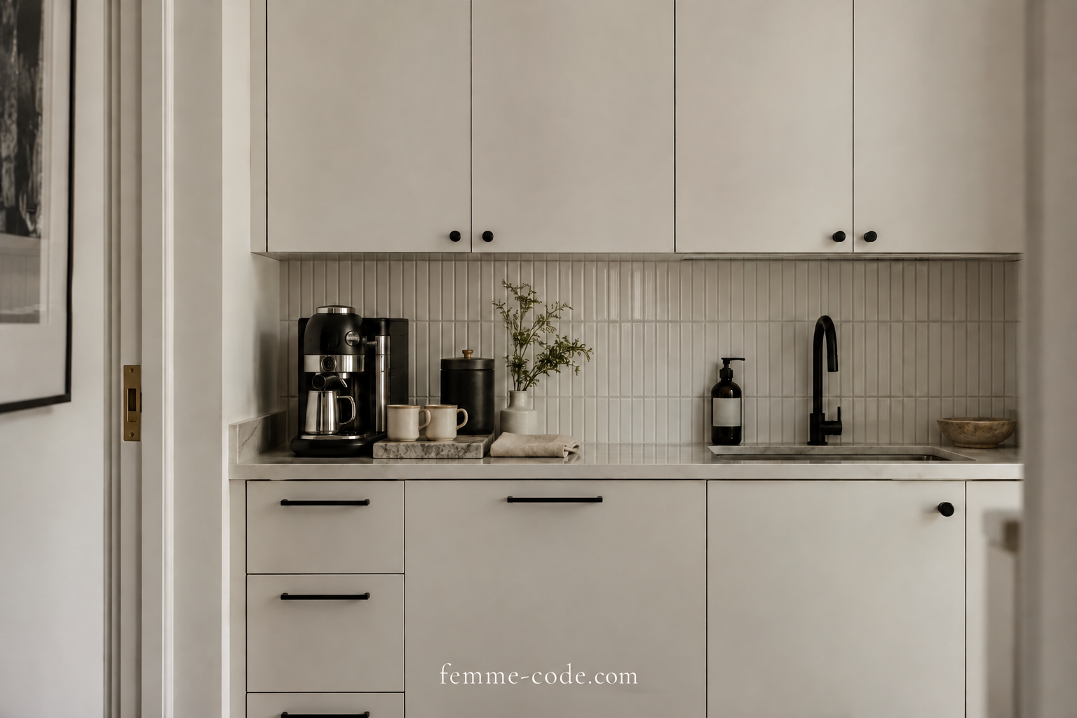 Black coffee machine with ivory cups and a stone tray on a short white kitchen counter beside a small sink.