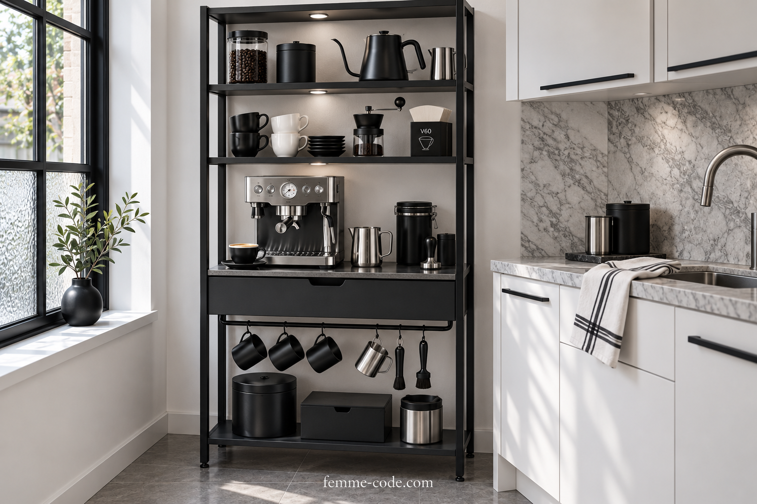 Tall black open coffee shelving unit with a stainless steel espresso machine, black and white cups and coffee tools beside a window and white kitchen cabinets.