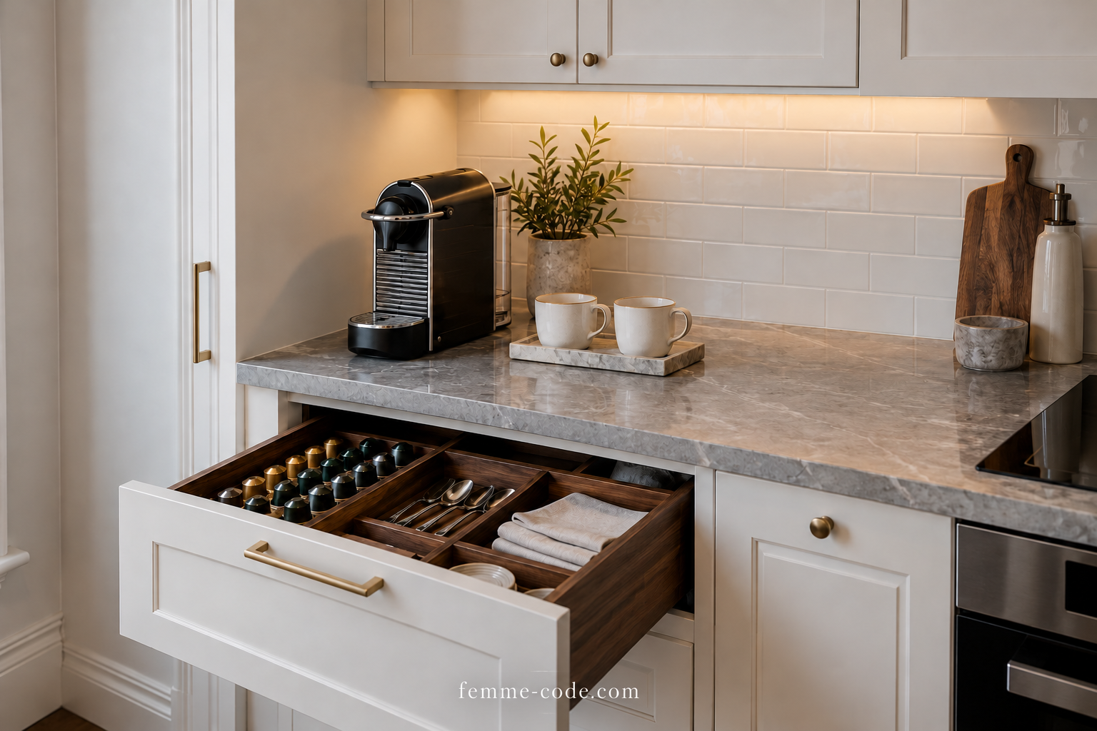 Open kitchen drawer with organized coffee capsules, spoons and napkins beneath a compact coffee machine and two cups.
