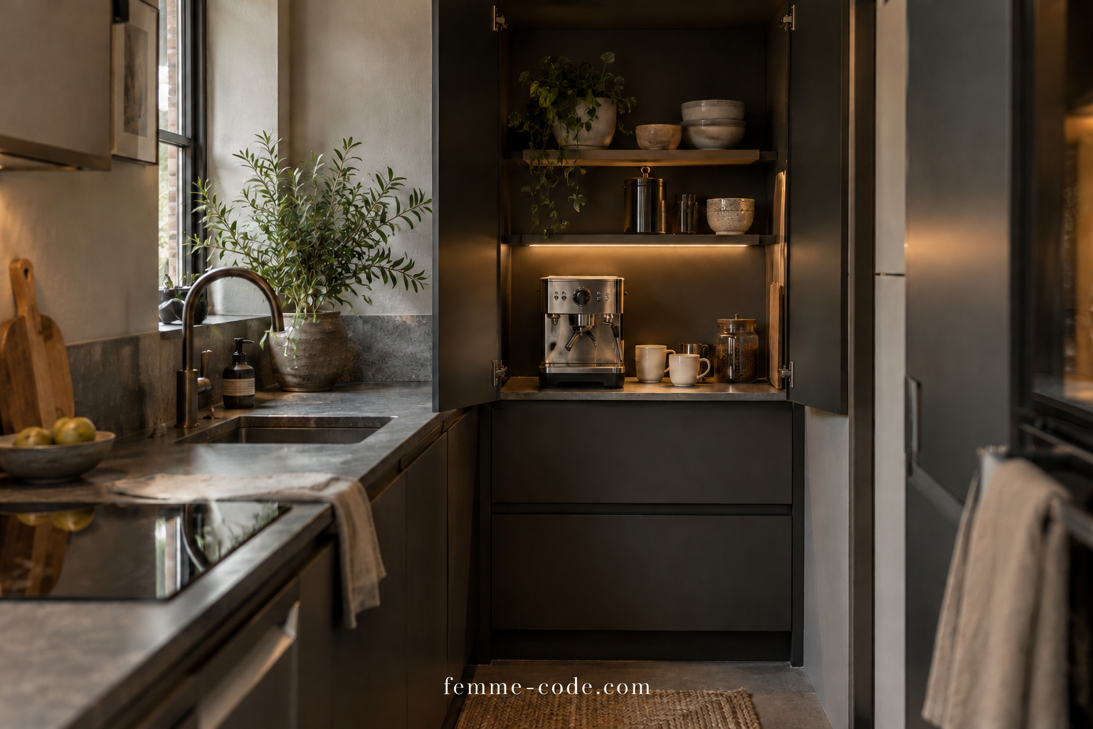 Compact espresso machine, cups and coffee jar inside an open anthracite cabinet in a small galley kitchen.