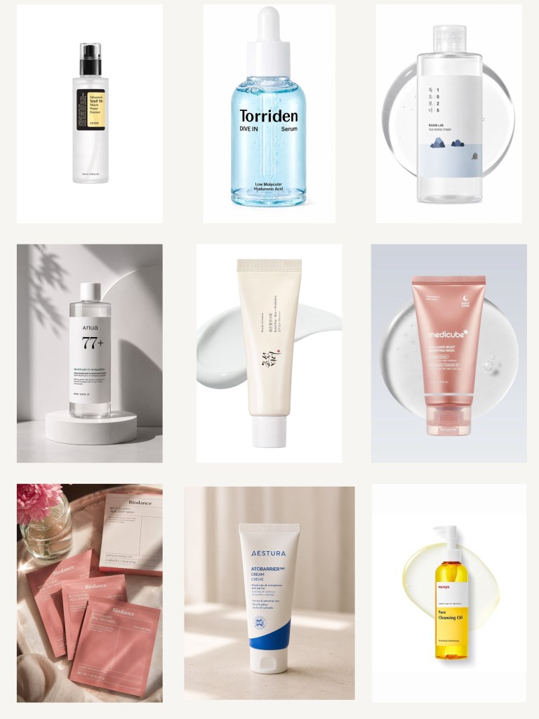 Nine Korean skincare products in a three-by-three collage: COSRX, Torriden, ROUND LAB, Anua, Beauty of Joseon, Medicube, BIODANCE, AESTURA and ma:nyo.