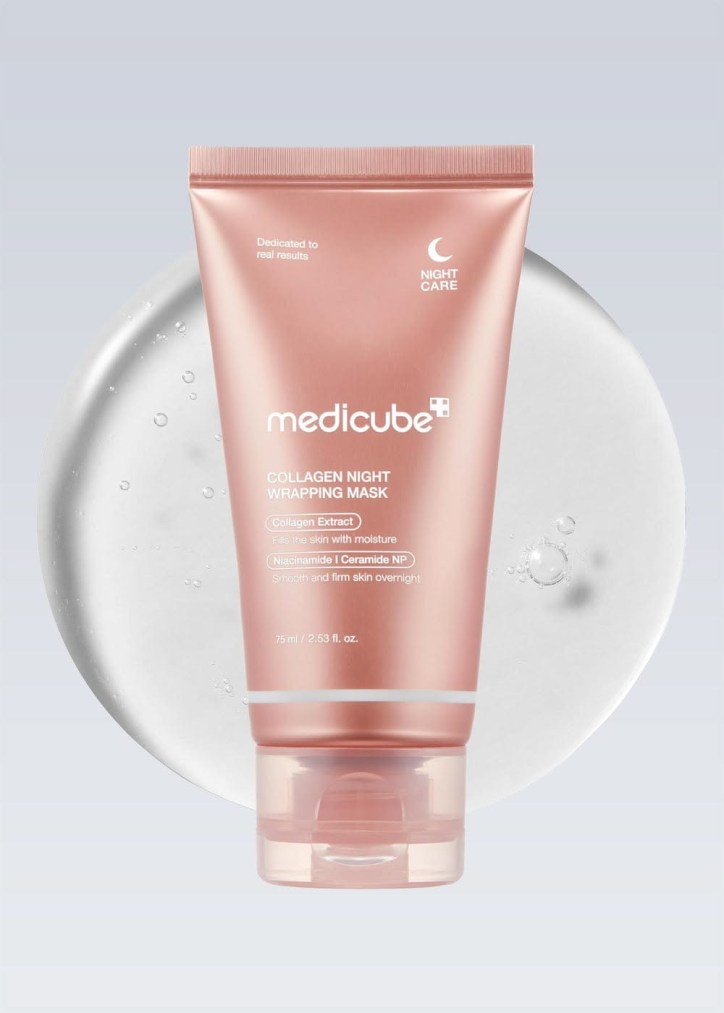 Medicube Collagen Night Wrapping Mask in a pink 75 ml tube against a pale background.