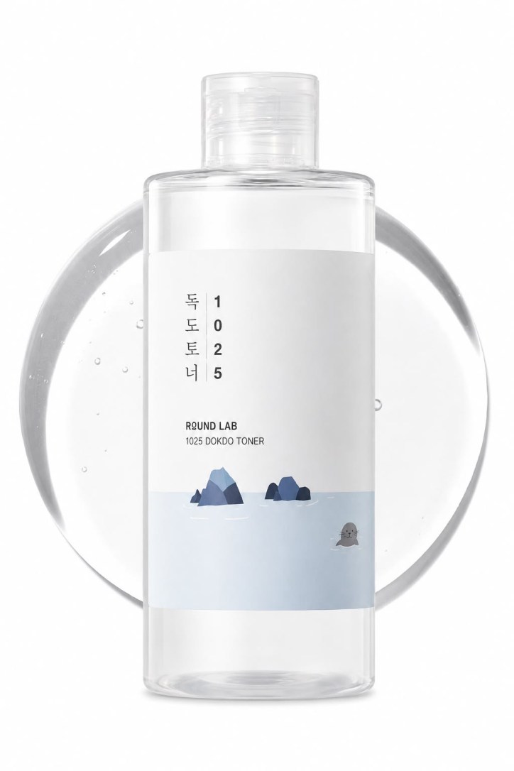 ROUND LAB 1025 Dokdo Toner in a clear bottle with a pale blue label.