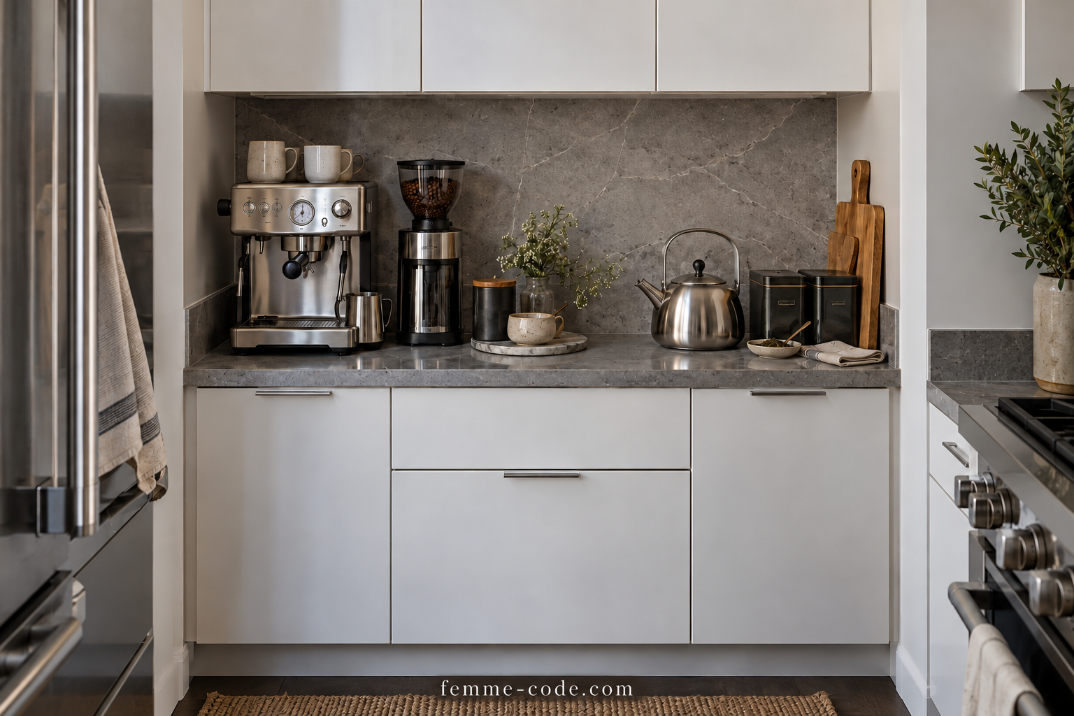 Coffee machine and grinder beside teapot and tea tins on a short grey counter in a compact white kitchen.