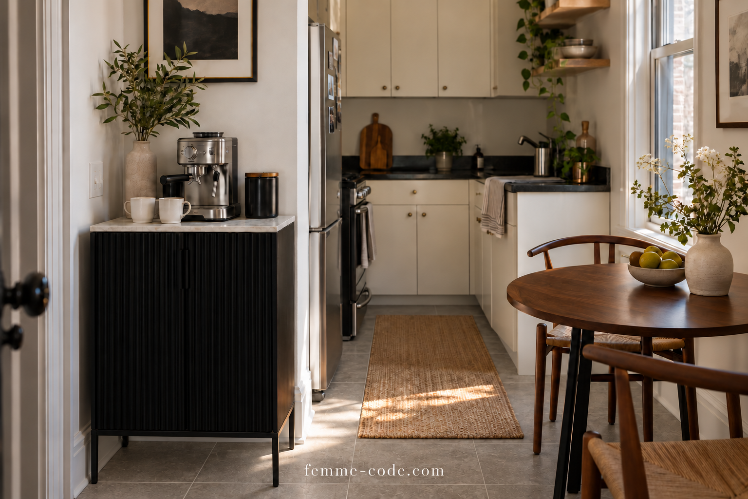 A narrow black fluted coffee sideboard with espresso machine beside a small apartment kitchen and a two-seat dining nook.