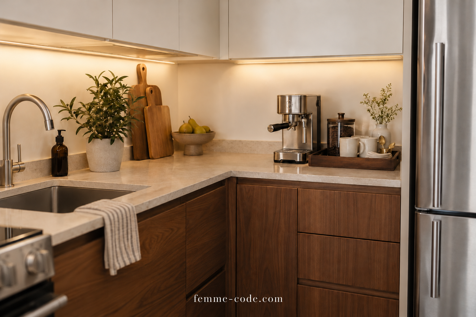 Compact espresso machine and a walnut tray with cups and coffee storage on a small L-shaped kitchen counter.