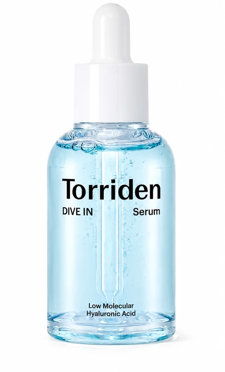 Torriden DIVE IN hyaluronic acid serum in a light blue glass dropper bottle.