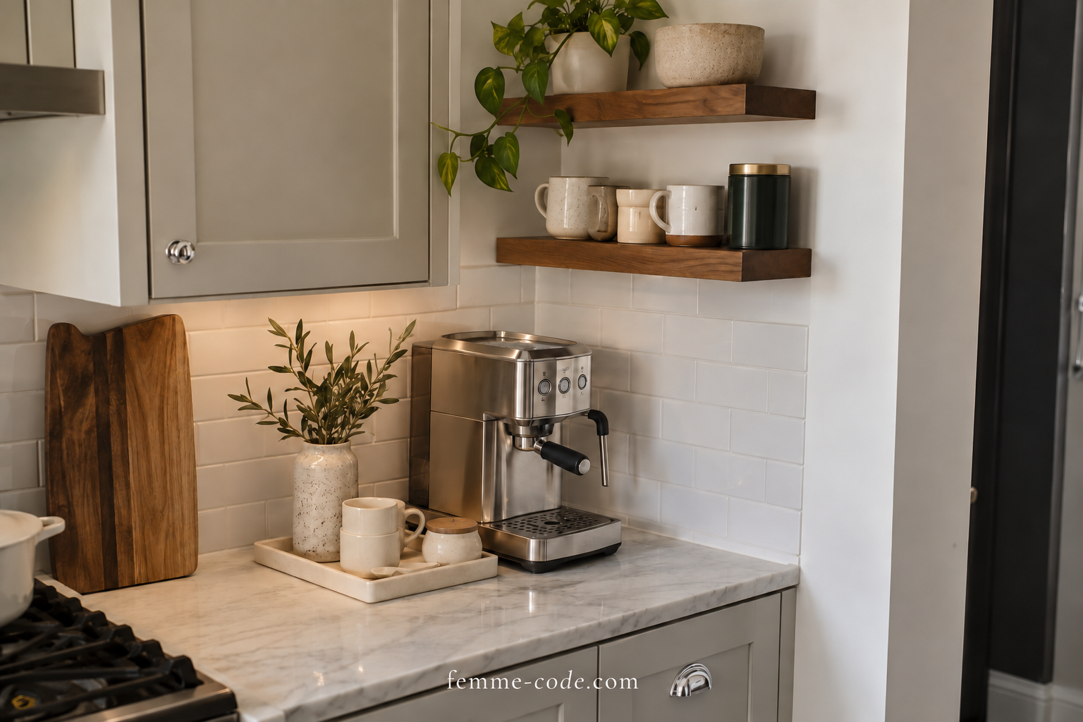 Compact stainless steel espresso machine on a small kitchen counter with cups stored on shallow walnut wall shelves.