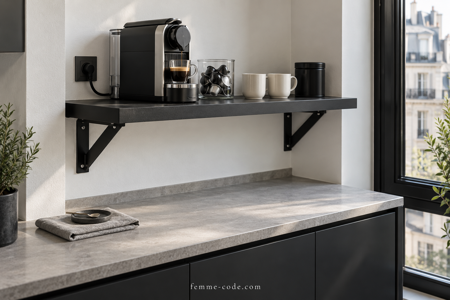 Black capsule coffee machine, glass capsule jar and ivory cups on a bracket-supported anthracite wall shelf above a clear grey kitchen worktop.
